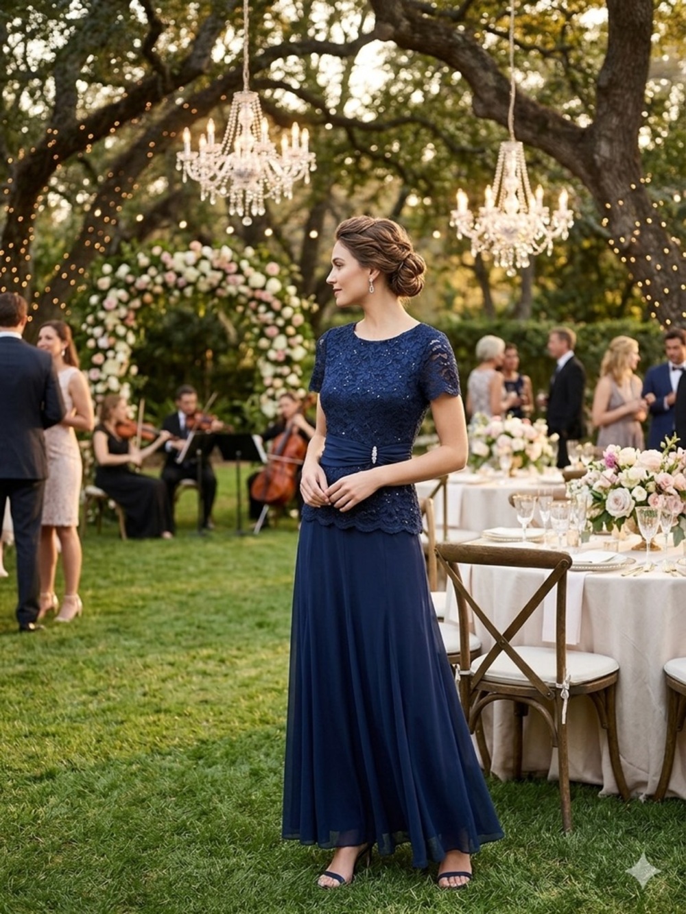 MARINA Navy Lace Bodice Formal Gown with Rhinestone Detail